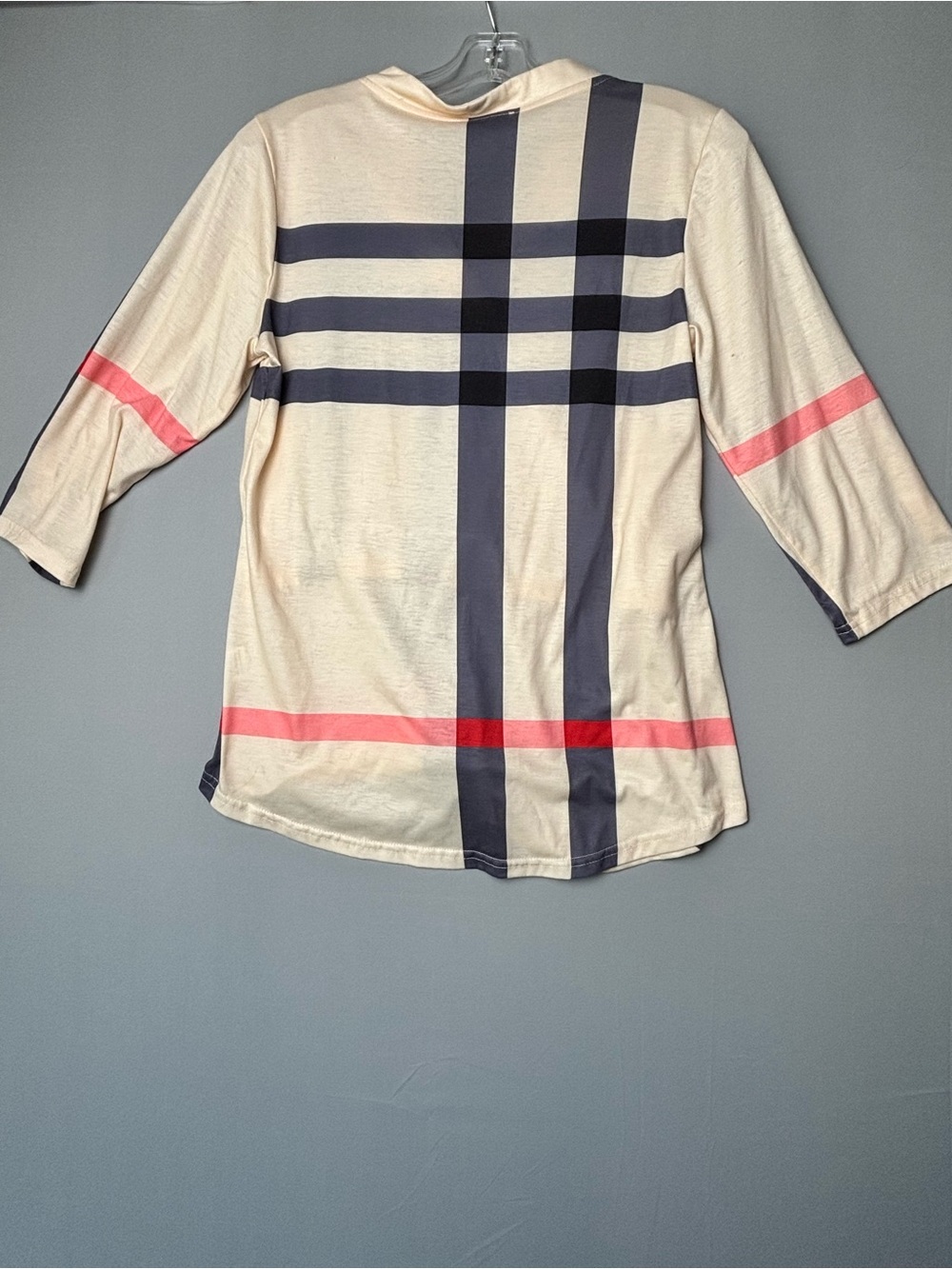 QUICEE Cream Plaid Tunic Top with Navy and Coral Stripes. Womens Size Small